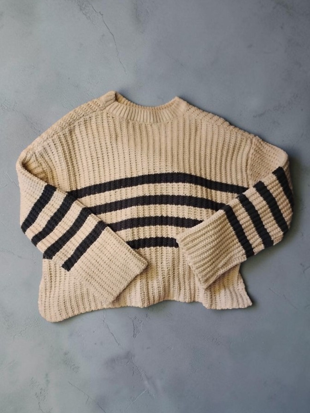 Pink Rose Chunky Knit Cropped Stripe Jumper Size S Beach Coastal